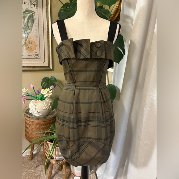Cue European Fabric Plaid Army Green & Black Plaid Structured Mini Dress - Picture 2 of 9